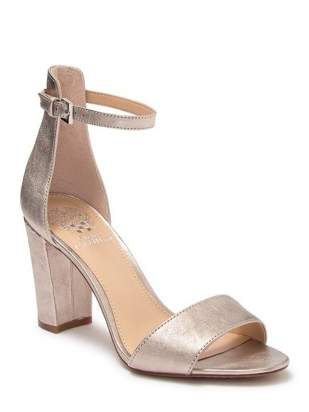 Vince Camino Silver Ankle-Strap Block Heel Sandal in Metallic Silver